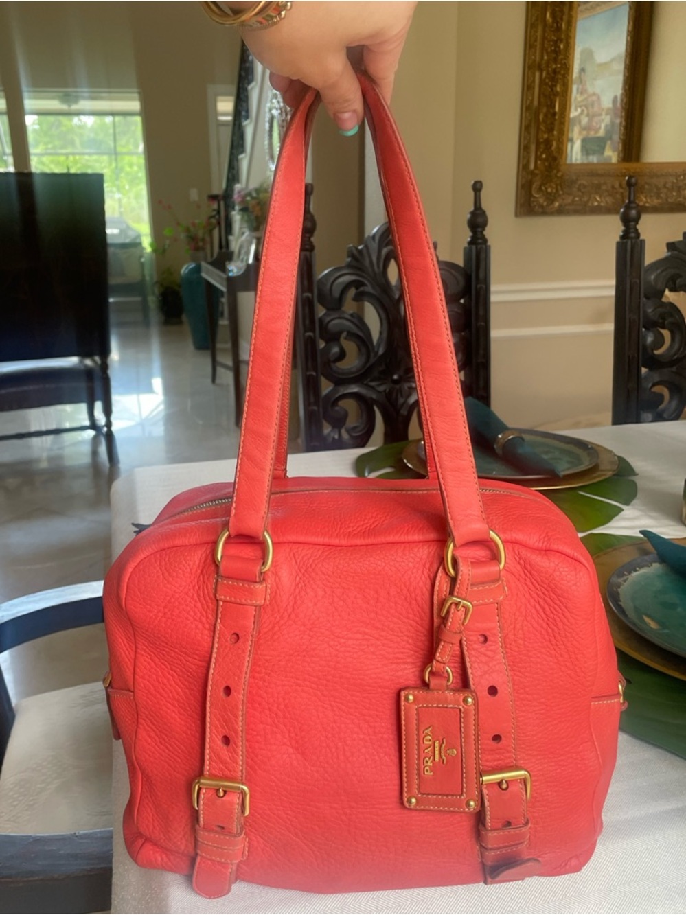 Prada Daino deerskin bright neon orange-coral shoulder bag